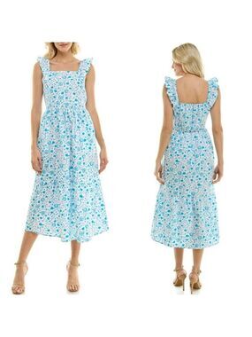 Draper James Women's Ruffle Sleeve Midi Dress Blue Floral Tiered Cotton XS